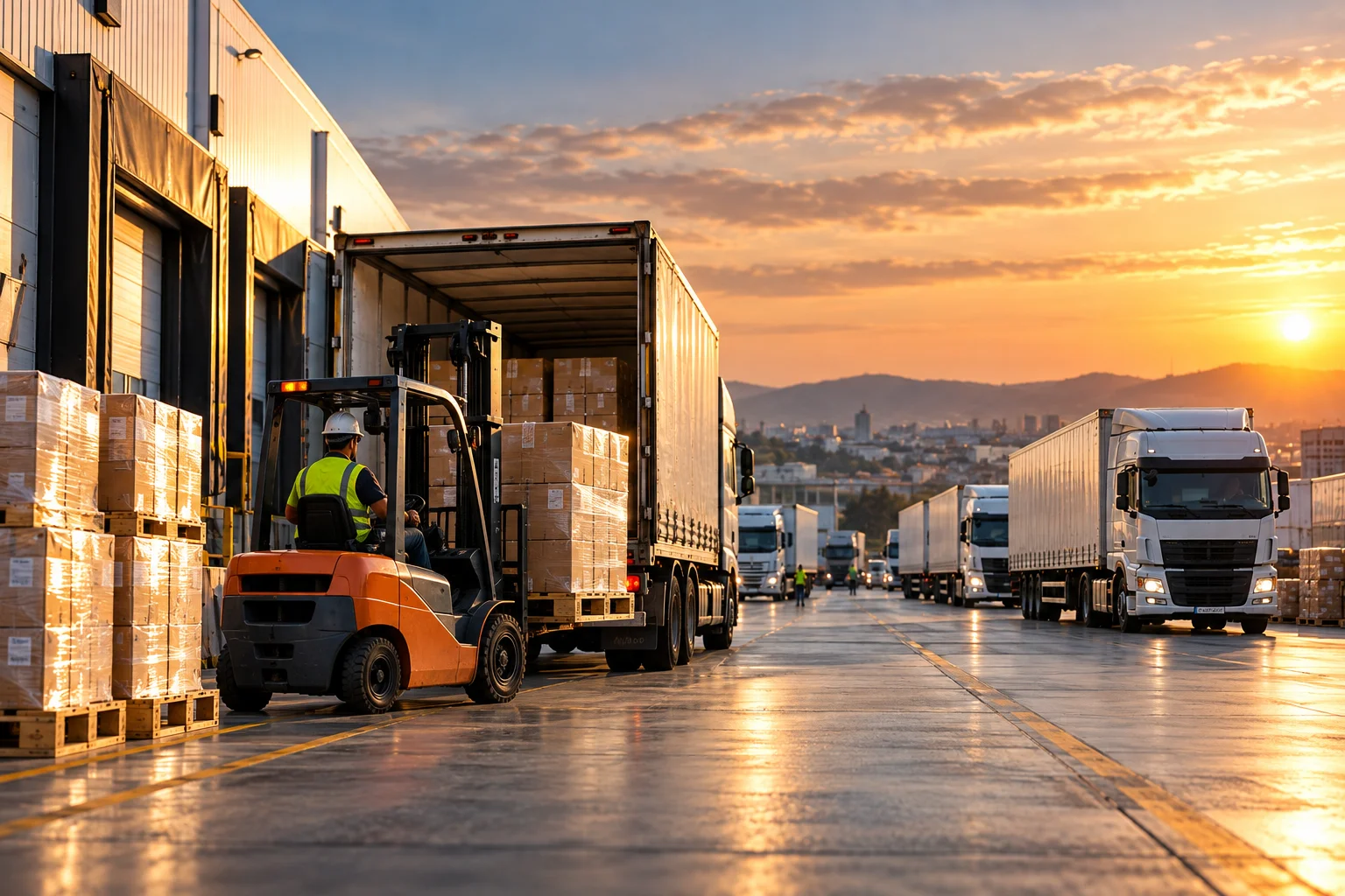 Yükleme alanında forkliftler ve sevkiyat sırası bekleyen araçlar