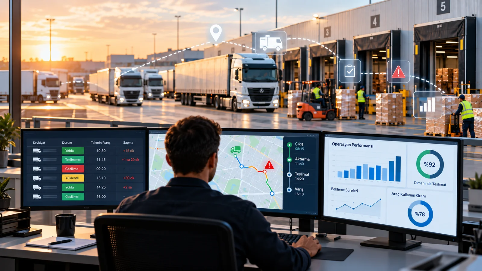 Lojistik kontrol merkezinde araç ve operasyon ekranlarının izlenmesi