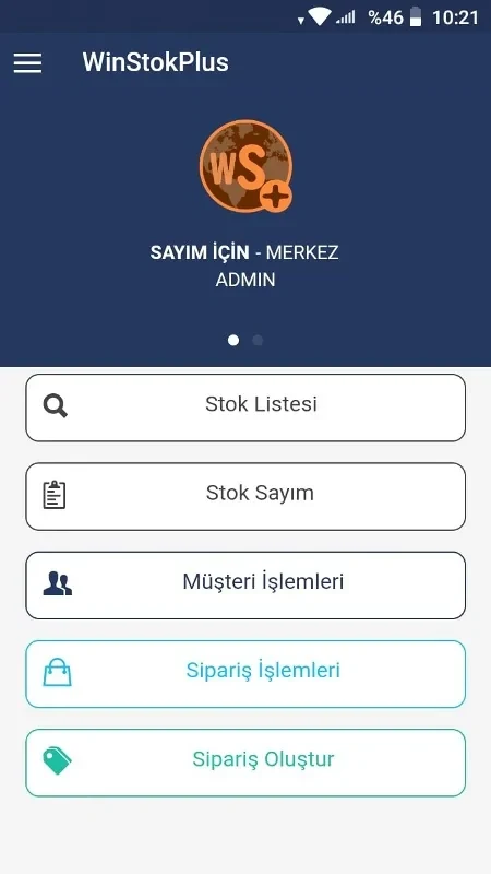 WinStok Mobil stok listesi, stok sayımı, müşteri ve sipariş işlemleri ana ekranı